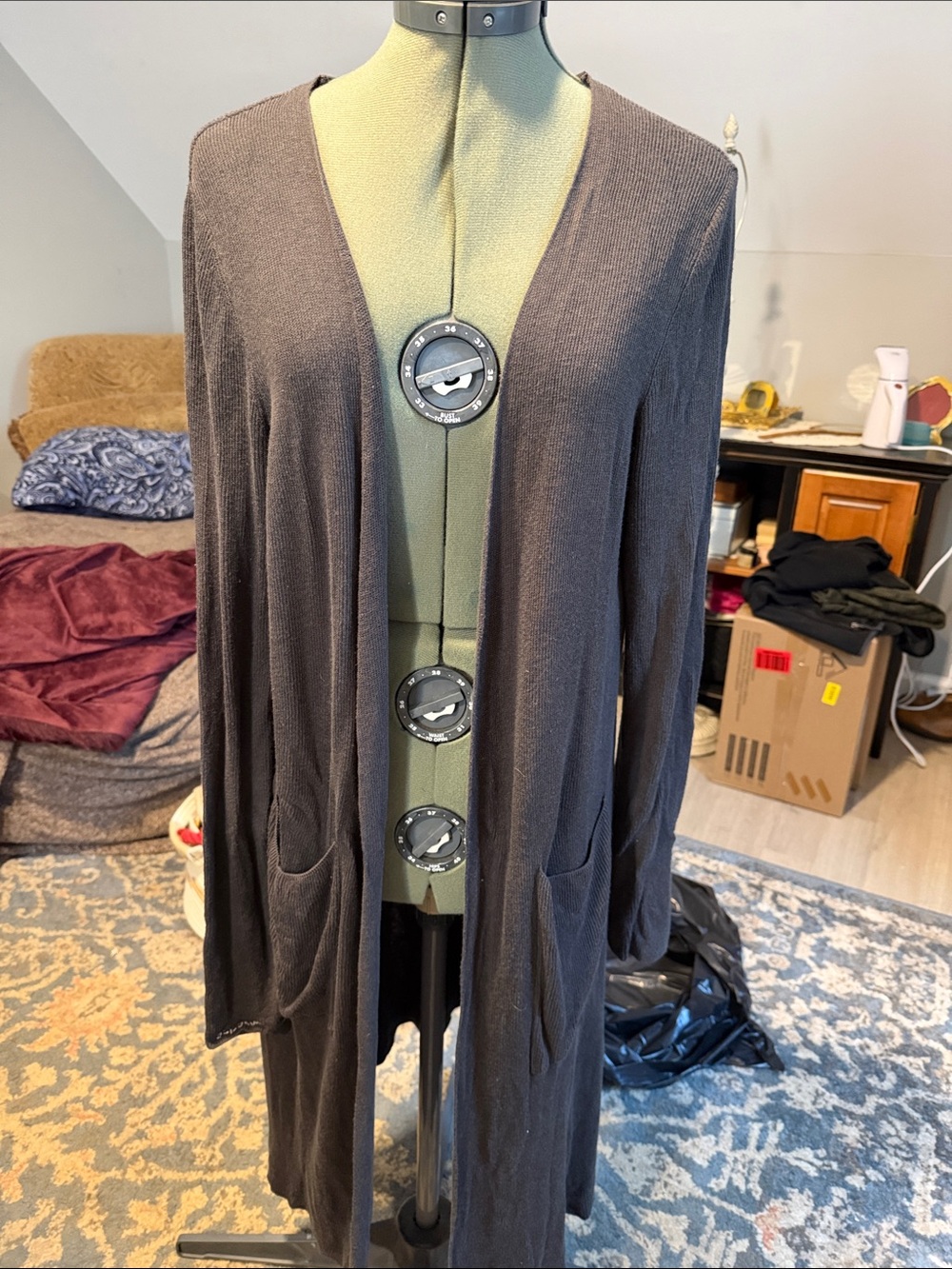 Peace Love World Long Open-Front Midi Cardigan in Charcoal Gray